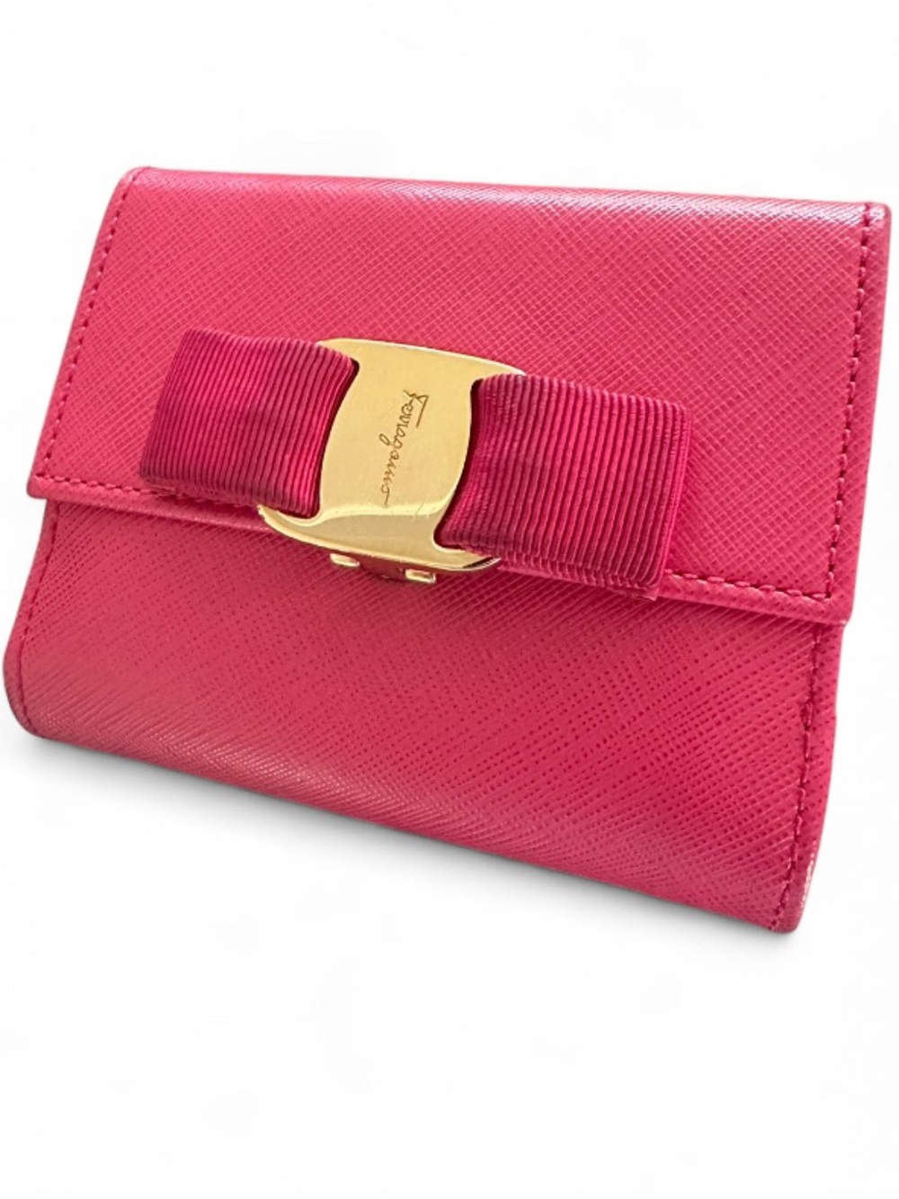 Salvatore Ferragamo Fuchsia Leather Wallet with Gold Vara Bow